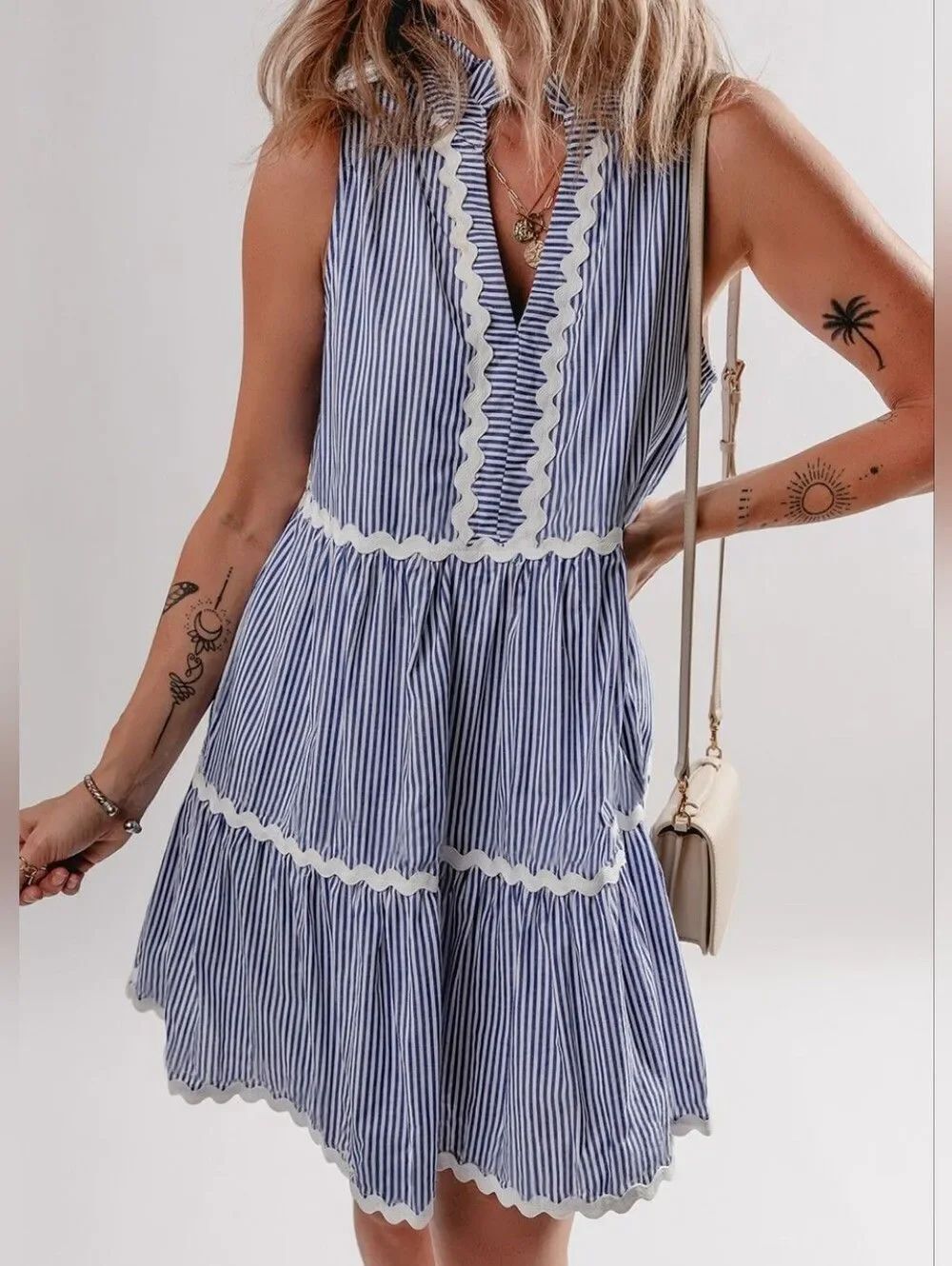 Fun Casual Summer Blue and White Stripe Sleeveless Tiered Country Dress